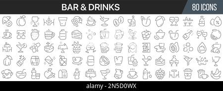 Symbolsammlung für Bar und Getränke. Große UI-Symbolgruppe in flachem Design. Symbolpaket mit dünnen Umrissen. Vektordarstellung EPS10 Stock Vektor