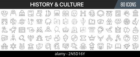 Symbolsammlung für Geschichte und Kultur. Große UI-Symbolgruppe in flachem Design. Symbolpaket mit dünnen Umrissen. Vektordarstellung EPS10 Stock Vektor