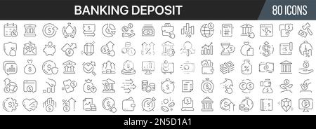 Symbolsammlung für Bankeinzahlungen. Große UI-Symbolgruppe in flachem Design. Symbolpaket mit dünnen Umrissen. Vektordarstellung EPS10 Stock Vektor