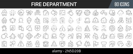 Symbolsammlung für Feuerwehrlinien. Große UI-Symbolgruppe in flachem Design. Symbolpaket mit dünnen Umrissen. Vektordarstellung EPS10 Stock Vektor