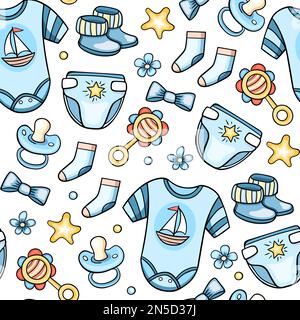 Nahtloses Muster mit blauer Kleidung und Accessoires für den kleinen Jungen. Handgezeichneter Hintergrund. Stockfoto