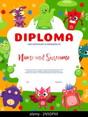 Kinder Diplom Cartoon lustige Monster Charaktere. Vektorschule oder Kindergarten mit niedlichen bunten Tieren, Außerirdischen oder Halloween C. Stock Vektor