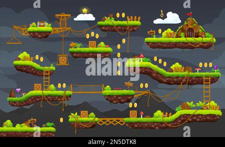 2D Kartenschnittstelle für Arcade-Spiele auf Nachtebene. Plattform, Schlüssel, Treppe, Münzen und Symbole auf der Brust. Klassische Videospielebene oder Konsolenvektorebene, Retro Stock Vektor