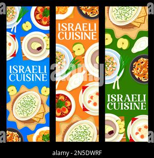 Israelisches Restaurant serviert vertikale Banner. Apfelsuppe, Karotten-Tzimmes und Fischkuchen, Hering Forshmak, gefilte Fisch und Fischballsuppe, Eiersalatwitz Stock Vektor