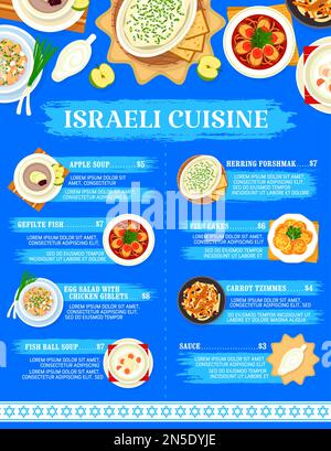 Seitenvorlage für Menü im Restaurant mit israelischer Küche. Apfelsuppe, Eiersalat mit Hühnchen-Innereien und Fischkuchen, gefilten Fisch, Karotten-Tzimmes und Hering Stock Vektor