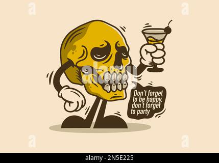 Charakterdarstellung eines Schädelkopfes mit einem Weinglas Stock Vektor