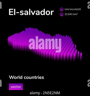 Karte El-salvador 3D. Die isometrische Vektorkarte mit digitalen Neonstreifen ist in violetten Farben auf schwarzem Hintergrund dargestellt. Geografisches Poster, Banner von El-salvador Stock Vektor