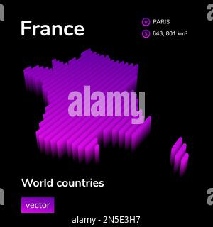 Karte Frankreich 3D. Stilisierte Neon-Digitalvektorkarte Frankreichs mit isometrischen Streifen in violetten und rosafarbenen Farben auf schwarzem Hintergrund Stock Vektor