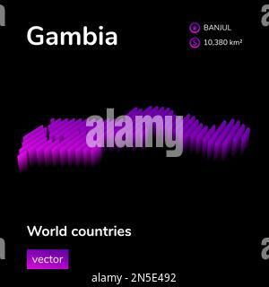 3D Karte von Gambia. Die isometrische Karte Gambias mit gestreiften Vektoren ist in Neonviolett auf schwarzem Hintergrund dargestellt. Informationsbanner Stock Vektor