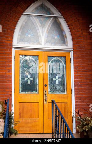 Die erste Evangelical Lutheran Church an einem Frühlingstag in Taylors Falls, Minnesota, USA. Stockfoto