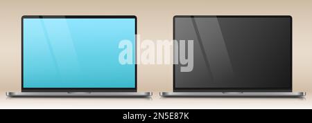 Ein Satz Laptop-Layouts in einem Metallgehäuse. Modelle moderner Laptops mit blauem und schwarzem Bildschirm auf grauem Hintergrund. Stock Vektor