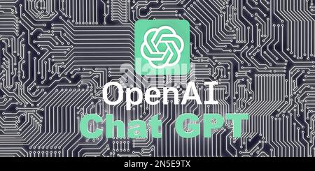 OpenAI-Logo ChatGPT-Text auf geometrischem CPU-Hintergrund, Kopierbereich. 3D Rendering Illustration Concept, Istanbul, Türkei, 02.09.2023. Stockfoto