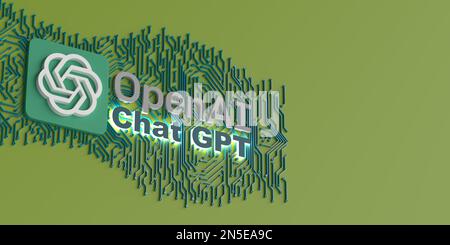 OpenAI-Logo ChatGPT-Text auf geometrischem grünen Hintergrund, Kopierbereich. 3D Rendering Illustration Concept, Istanbul, Türkei, 02.09.2023. Stockfoto