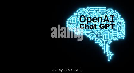 OpenAI-Logo ChatGPT-Text auf neonblauem Hintergrund mit CPU-Gehirnform, Kopierbereich. Softwareentwickler für künstliche ıntelligence Chatbots. 3D-Rendering Stockfoto