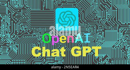 OpenAI-Logo ChatGPT-Text auf geometrischem CPU-farbigem Hintergrund, Kopierbereich. 3D Rendering Illustration Concept, Istanbul, Türkei, 02.09.2023. Stockfoto