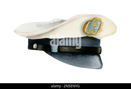 Navy capitan hat Aquarell Illustration, Offiziersmütze, Admiralsmütze mit goldenem Ankerschild isoliert auf weißem Hintergrund, Seitenansicht Stockfoto