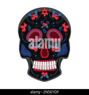 Mexikanischer Zuckerschädel. Dia de Los Muertos. Der Tag der Toten. Mexikanische Volkskultur. Schwarzer Schädel mit bunten Blumenverzierungen. Darstellung des Rohteilvektors Stock Vektor
