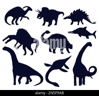 Satz von Dinosauriersilhouetten auf weißem Hintergrund, Stegosaurus, Triceratops, Brontosaurus, Spinosaurus und Unterwasser-Reptilien Stockfoto