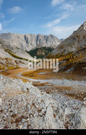 Ausgetrocknetes Flussbett in einer ländlichen Landschaft mit den Bergen im Hintergrund. Majestätische Landschaft mit Felsenstraße und Hügeln. Stockfoto