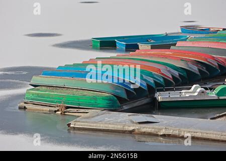 Wendefurth, Deutschland. 09. Februar 2023. Ruderboote liegen auf dem gefrorenen Reservoir des Wendefurth-Staudamms. Der Frost hat den Behälter eingefroren. In den nächsten Tagen wird es wieder etwas milder sein. Kredit: Matthias Bein/dpa/Alamy Live News Stockfoto