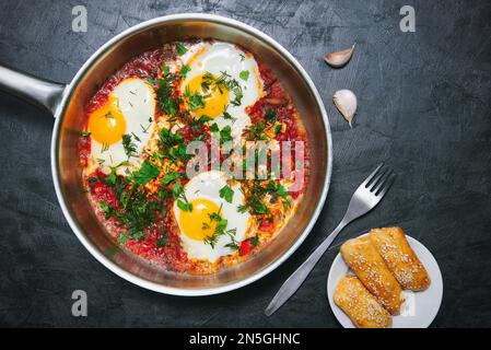 Leckeres und gesundes Shakshuka, nahöstliches Omelett in einer Bratpfanne. Köstliches Rührei in scharfer Tomatenpfeffersauce. Draufsicht Stockfoto