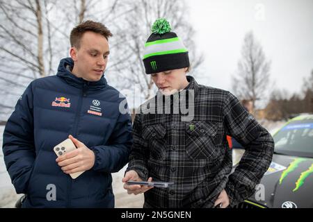 Ume, Schweden. 09. Februar 2023. Umeå 20230209 Ole Christian Veiby, Norwegen, und Oliver Solberg, Schweden, während des Shakedown/Tests am Donnerstag vor der schwedischen Rallye, World Rally Championship Teil 2, die heute Abend beginnt. Foto Micke Fransson/TT Code 61460 Kredit: TT News Agency/Alamy Live News Stockfoto