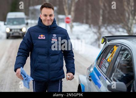 Ume, Schweden. 09. Februar 2023. Umeå 20230209 Ole Christian Veiby, Norwegen, VW Polo GTI, während des donnerstags stattfindenden Shakedown/Tests vor der schwedischen Rallye, World Rally Championship Runde 2, die heute Abend beginnt. Foto Micke Fransson/TT Code 61460 Kredit: TT News Agency/Alamy Live News Stockfoto