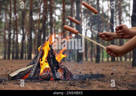 Die Leute rösten Würstchen über brennendem Brennholz im Wald, Nahaufnahme Stockfoto