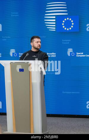 BRÜSSEL - ukrainischer Präsident Wolodimir Zelensky während einer Pressekonferenz auf einem eingefügten EU-Gipfel. Auf dem Treffen werden unter anderem die Unterstützung der Ukraine durch die EU und die wachsenden Migrationsprobleme in Europa erörtert. ANP JONAS ROOSENS niederlande raus - belgien raus Stockfoto