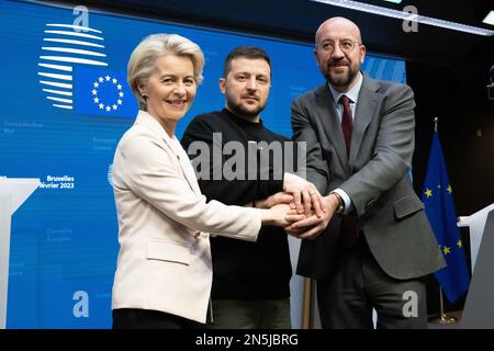 BRÜSSEL - ukrainischer Präsident Wolodimir Zelensky während einer Pressekonferenz auf einem eingefügten EU-Gipfel. Auf dem Treffen werden unter anderem die Unterstützung der Ukraine durch die EU und die wachsenden Migrationsprobleme in Europa erörtert. ANP JONAS ROOSENS niederlande raus - belgien raus Stockfoto