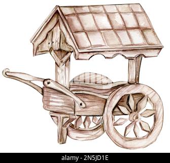 Handgezogener Holzwagen in Aquarellfarben. Niedliche handgemalte Illustration für Grußkarten, Drucke, Souvenirs, Postkarten. Abbildung isoliert auf weißem b Stockfoto