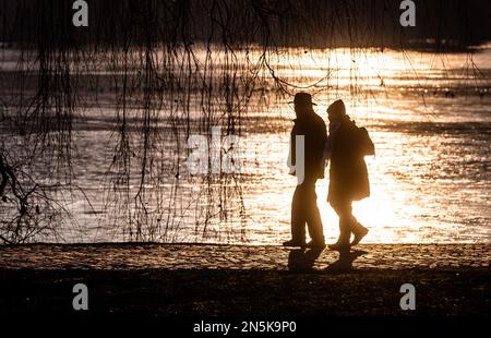 Stuttgart, Deutschland. 09. Februar 2023. Bei sonnigem Wetter spazieren Sie am Ufer des Lake Max Eyth entlang. Kredit: Christoph Schmidt/dpa/Alamy Live News Stockfoto