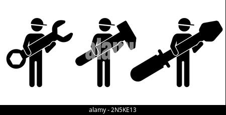 Cartoon-Stickman, Strichmännchen mit Reparatursatz-Symbol. Symbol für Schraubendreher, Hammer und Schraubenschlüssel. Schild für das Servicewerkzeug. Zimmermann, Handwerker und Stockfoto