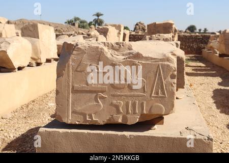 Alte ägyptische Symbole und Hieroglyphen, die im Tempel von Karnak in Luxor, Ägypten, geschnitzt wurden Stockfoto