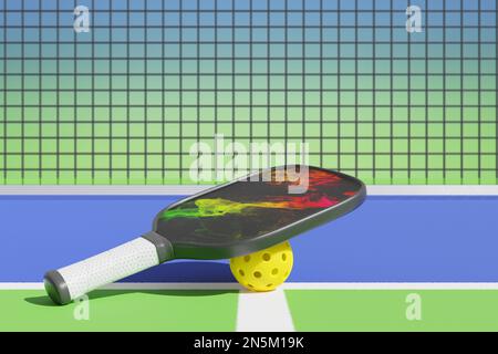 Pickleball Schläger und Ball neben dem Netz auf dem Sportplatz. 3D-Rendering Stockfoto