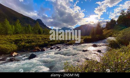 Alpenfluss mit Rillen und Steinen in einem Bergtal mit hohen Felsen inmitten des Waldes im Altai in Sibirien. Stockfoto