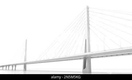 Perspektivische Ansicht der Hängebrücke, digitales Modell isoliert auf weißem Hintergrund, 3D-Rendering-Darstellung Stockfoto