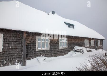 Alte Fenster einer alten Berghütte und graue Holzmauer mit Schnee bedeckt. Wetterbeobachtungsstelle auf dem Berg Pozhyschevska, Chornohora Stockfoto