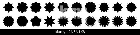 Set mit zwanzig schwarzen Aufklebern für Vorlagen für Produktetiketten, sternförmigen, sonnigen Abzeichen für Ihr Design. Stock Vektor