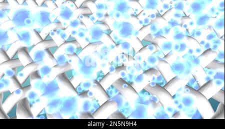 Weiße Textilwäsche. Textilfasern verflechten sich und schwebende Blasen im Makro-Zoom mit blauem verlaufendem Hintergrund. 3D Abbildung Stockfoto