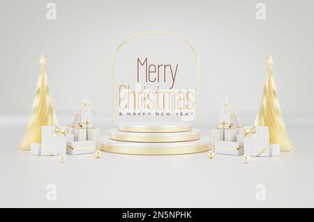 ein 3D-Rendering eines Podiums mit einem Weihnachtskonzept auf weißem Hintergrund Stockfoto