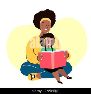 Afrikanische dunkle, lächelnde Familie. Mutter und Tochter lesen gemeinsam Buch. Junge Erwachsene Eltern. Baby, Mädchen, Frau, Kind. Fürsorgliche Mutter, Kindermädchen oder Babysi Stockfoto