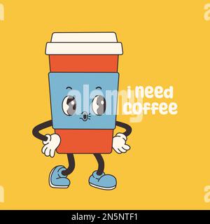 Coole Kaffeefigur im klassischen Cartoon-Stil. Retro Mascot Vintage Coffee Character Illustration Stock Vektor