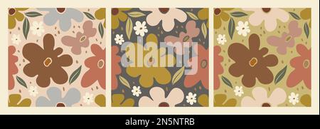 Retro groovy Blumenmuster auf verschiedenen Hintergründen. Stock Vektor