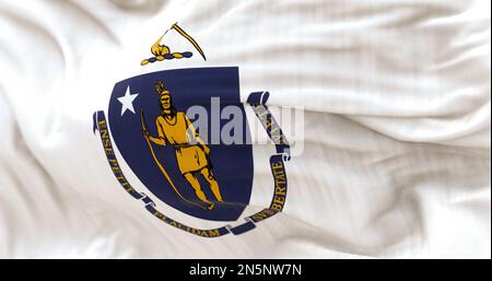 Detail der flatternden Staatsflagge von Massachusetts. Staatswappen auf weißem Hintergrund; zeigt Algonquin für Frieden, weißer Stern steht für den Staatsstaat Stockfoto