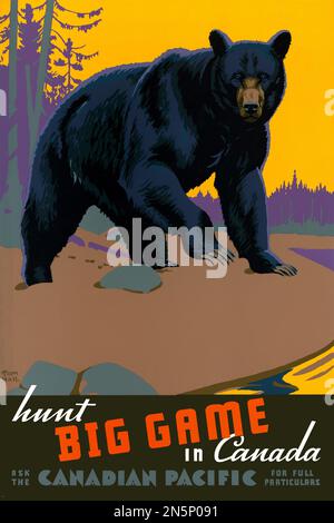 Jagd auf das große Spiel in Kanada Fragen Sie den kanadischen Pazifik nach allen Einzelheiten von Tom Hall (1885-1972). Poster veröffentlicht 1938. Stockfoto