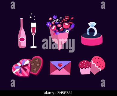 Set mit festlichen romantischen Elementen zum Valentinstag für romantisches Abendessen, Dating. Hochzeitsring, Valentinsumschlag, herzförmiger Ballon, Champagner, süße Schokolade Stockfoto