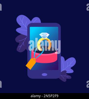 Digitales Online-Shopping. Hochzeit Dimond Gold Ring auf Smartphone-Bildschirm. Kauf Schmuck Geschenk zum Valentinstag, Geburtstag, Jubiläum in Mobile App Pu Stockfoto