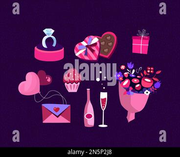Set mit festlichen romantischen Elementen zum Valentinstag für romantisches Abendessen, Dating. Hochzeitsring, Valentinsumschlag, herzförmiger Ballon, Champagner, süße Schokolade Stockfoto