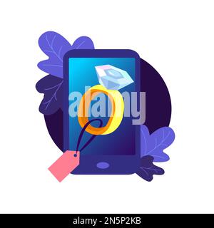 Digitales Online-Shopping. Hochzeit Dimond Gold Ring auf Smartphone-Bildschirm. Kauf Schmuck Geschenk zum Valentinstag, Geburtstag, Jubiläum in Mobile App Pu Stockfoto